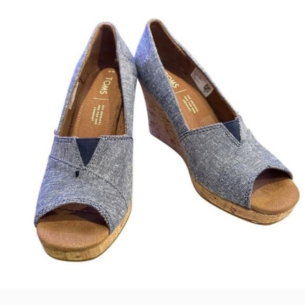 NIB Toms Blue Chambray Open-Toe Wedge Sandals NiB Sze 9.5 - Picture 7 of 9